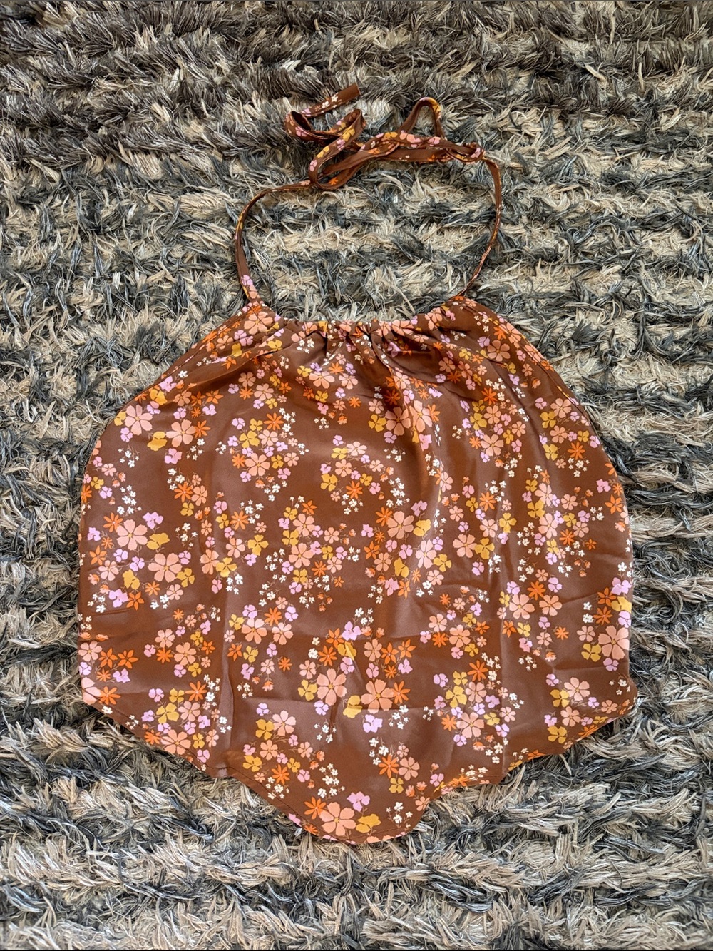 Pink Rose Brown Floral Halter Top with Lilac & Orange Flowers Size M New